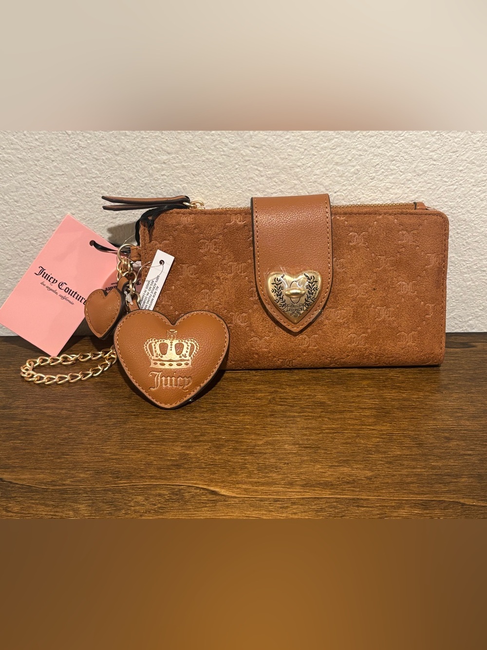 Juicy Couture Brown Suede Heart Charm Wallet Clutch with Gold Accents